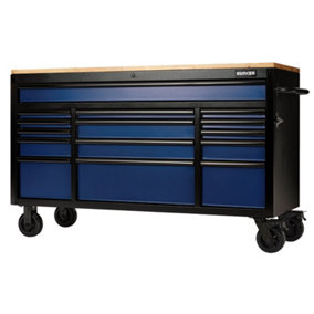 BUNKER Workbench Roller Tool Cabinet, 15 Drawer, 61", Blue