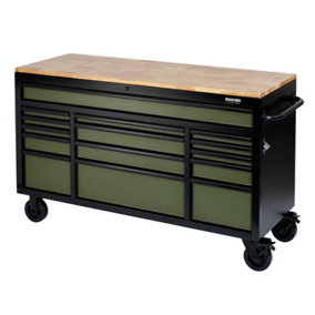 BUNKER Workbench Roller Tool Cabinet, 15 Drawer, 61", Green 10368