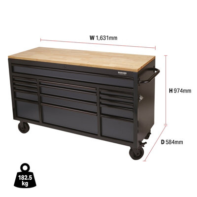 BUNKER Workbench Roller Tool Cabinet, 15 Drawer, 61", Grey 08238