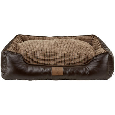 Bunty Tuscan Cat & Dog Sofa Bed - Faux Leather Exterior, Soft Fleece Interior, Plush Polyester Base for Insulation - Large Brown