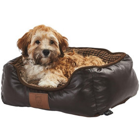 Bunty Tuscan Cat & Dog Sofa Bed - Faux Leather Exterior, Soft Fleece Interior, Plush Polyester Base for Insulation - Small Brown