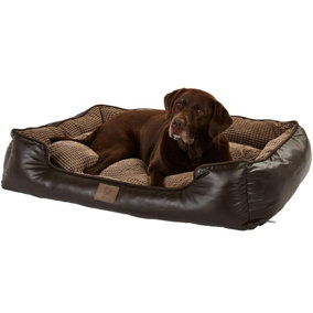 Bunty Tuscan Cat & Dog Sofa Bed - Faux Leather Exterior, Soft Fleece Interior, Plush Polyester Base for Insulation - X-Large Brown