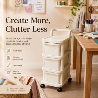 BURAKH Cream Plastic Mobile Storage Trolley with 3 Drawers, Castor ...
