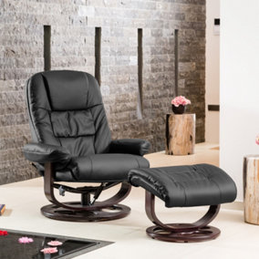 Burdell 88cm Wide Black Bonded Leather 360 Degree Ergonomic Swivel Base Recliner Chair and Footstool