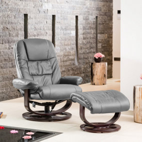 Burdell 88cm Wide Grey Bonded Leather 360 Degree Ergonomic Swivel Base Recliner Chair and Footstool