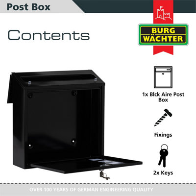 Burg-Wachter Aire Wall Mounted Black Lockable Weatherproof Post Box - 37x36x11cm