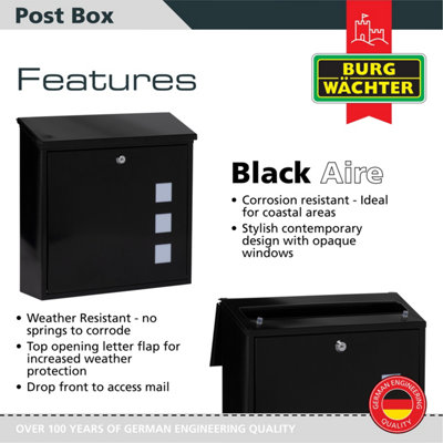Burg-Wachter Aire Wall Mounted Black Lockable Weatherproof Post Box - 37x36x11cm - 4