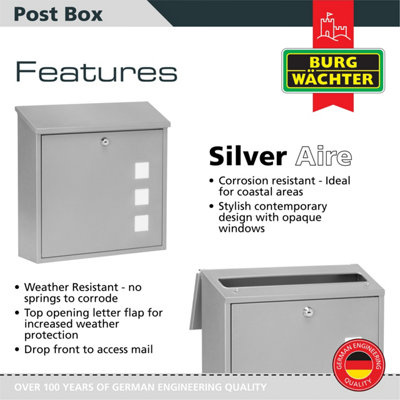 Burg-Wachter Aire Wall Mounted Silver Lockable Weatherproof Post Box - 37x36x11cm