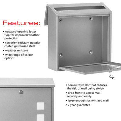 Burg-Wachter Aire Wall Mounted Silver Lockable Weatherproof Post Box - 37x36x11cm - 7