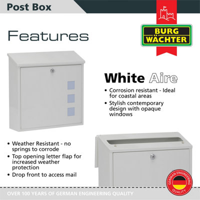 Burg-Wachter Aire Wall Mounted White Lockable Weatherproof Post Box - 37x36x11cm - 4