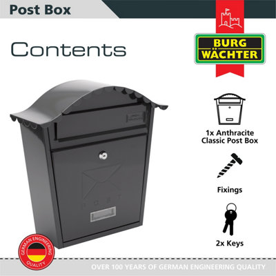 Burg-Wachter Anthracite Grey Classic Wall Mounted Galvanised Steel Lockable Weatherproof Post Box - 36x37x13cm - 3