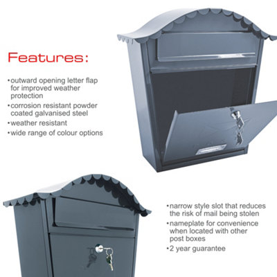 Burg-Wachter Anthracite Grey Classic Wall Mounted Galvanised Steel Lockable Weatherproof Post Box - 36x37x13cm - 7