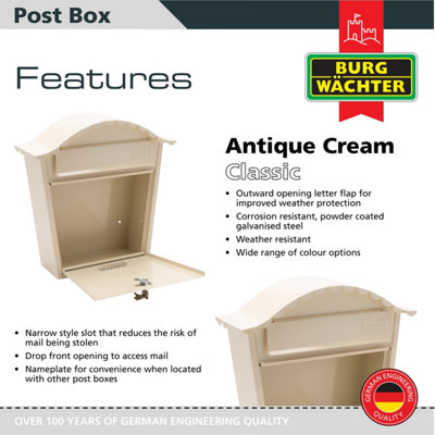 Burg-Wachter Antique Cream Classic Wall Mounted Galvanised Steel Lockable Weatherproof Post Box - 36x37x13cm