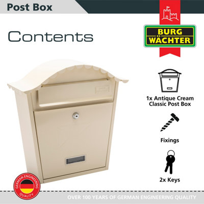 Burg-Wachter Antique Cream Classic Wall Mounted Galvanised Steel Lockable Weatherproof Post Box - 36x37x13cm - 3
