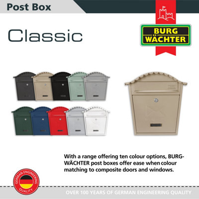 Burg-Wachter Antique Cream Classic Wall Mounted Galvanised Steel Lockable Weatherproof Post Box - 36x37x13cm - 6