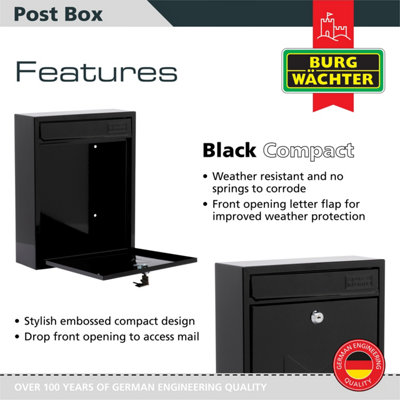 Burg-Wachter Black Compact Wall Mounted Galvanised Steel Postbox 26x33x9cm