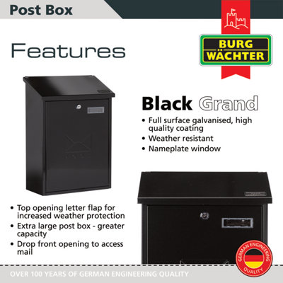 Burg-Wachter  Black Grand Wall Mounted Galvanised Steel Lockable Weatherproof Post Box - 33x45x15cm