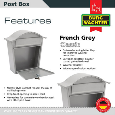 Burg-Wachter Classic French Grey Wall Mounted Galvanised Steel Lockable Weatherproof Post Box - 36x37x13cm