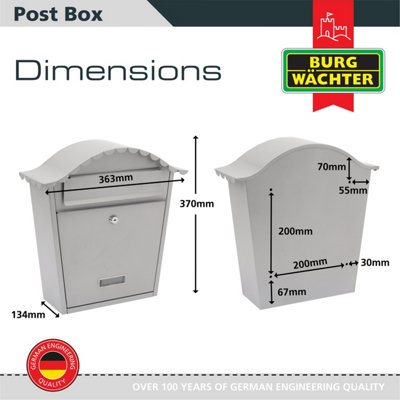 Burg-Wachter Classic French Grey Wall Mounted Galvanised Steel Lockable Weatherproof Post Box - 36x37x13cm