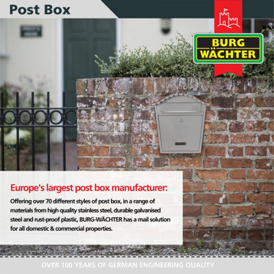 Burg-Wachter Classic French Grey Wall Mounted Galvanised Steel Lockable Weatherproof Post Box - 36x37x13cm - 5