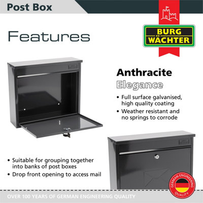 Burg-Wachter Elegance Anthracite Grey Wall Mounted Galvanised Steel Lockable Weatherproof Post Box 36x31x10cms
