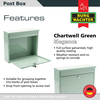 Burg-Wachter Elegance Chartwell Green Wall Mounted Galvanised Steel Lockable Weatherproof Post Box 36x31x10cms