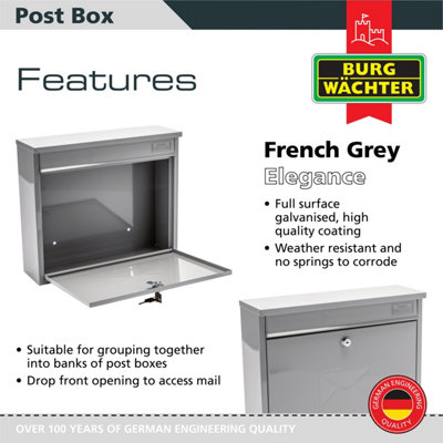 Burg-Wachter Elegance French Grey Wall Mounted Galvanised Steel Lockable Weatherproof Post Box 36x31x10cms