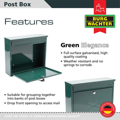 Burg-Wachter Elegance Green Wall Mounted Galvanised Steel Lockable Weatherproof Post Box 36x31x10cms