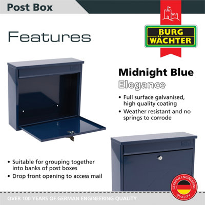 Burg-Wachter Elegance Midnight Blue Wall Mounted Galvanised Steel Lockable Weatherproof Post Box 36x31x10cms