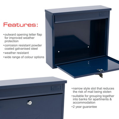 Burg-Wachter Elegance Midnight Blue Wall Mounted Galvanised Steel Lockable Weatherproof Post Box 36x31x10cms - 8