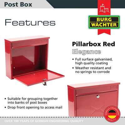Burg-Wachter Elegance Red Wall Mounted Galvanised Steel Lockable Weatherproof Post Box 36x31x10cms