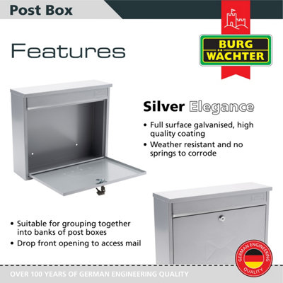 Burg-Wachter Elegance Silver Wall Mounted Galvanised Steel Lockable Weatherproof Post Box 36x31x10cms