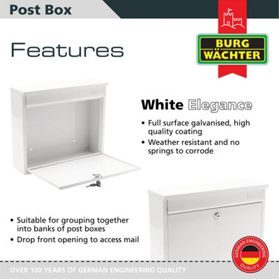 Burg-Wachter Elegance White Wall Mounted Galvanised Steel Lockable Weatherproof Post Box 36x31x10cms