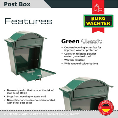 Burg-Wachter Green Classic Wall Mounted Galvanised Steel Lockable Weatherproof Post Box - 36x37x13cm