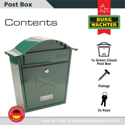 Burg-Wachter Green Classic Wall Mounted Galvanised Steel Lockable Weatherproof Post Box - 36x37x13cm - 3