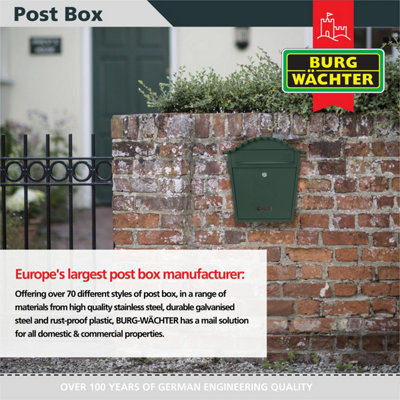Burg-Wachter Green Classic Wall Mounted Galvanised Steel Lockable Weatherproof Post Box - 36x37x13cm - 5