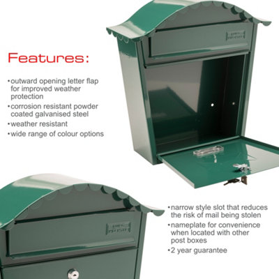 Burg-Wachter Green Classic Wall Mounted Galvanised Steel Lockable Weatherproof Post Box - 36x37x13cm - 8