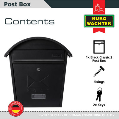 Burg-Wachter Matt Black Classic 2 Wall Mounted Galvanised Steel Lockable Weatherproof Post Box  - 36x38x13cm