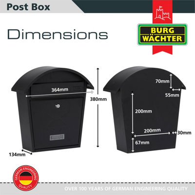 Burg-Wachter Matt Black Classic 2 Wall Mounted Galvanised Steel Lockable Weatherproof Post Box  - 36x38x13cm - 3