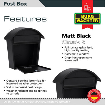 Burg-Wachter Matt Black Classic 2 Wall Mounted Galvanised Steel Lockable Weatherproof Post Box  - 36x38x13cm