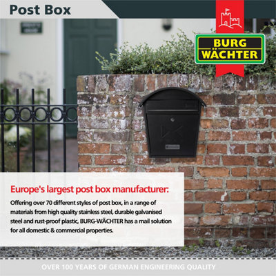 Burg-Wachter Matt Black Classic 2 Wall Mounted Galvanised Steel Lockable Weatherproof Post Box  - 36x38x13cm - 5