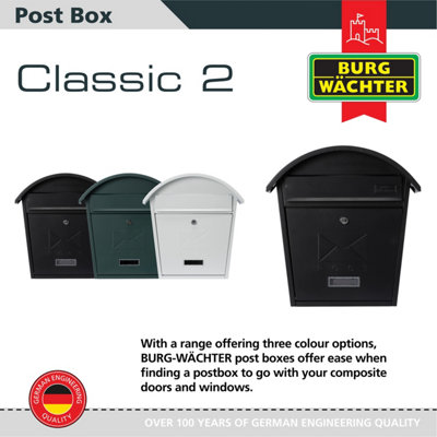Burg-Wachter Matt Black Classic 2 Wall Mounted Galvanised Steel Lockable Weatherproof Post Box  - 36x38x13cm - 6