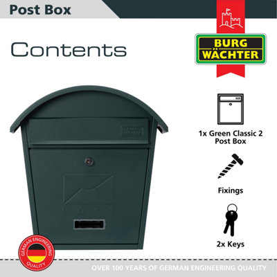 Burg-Wachter Matt Green Classic 2 Wall Mounted Galvanised Steel Lockable Weatherproof Post Box  - 36x38x13cm