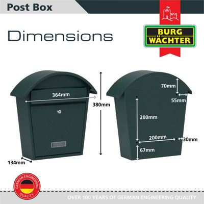 Burg-Wachter Matt Green Classic 2 Wall Mounted Galvanised Steel Lockable Weatherproof Post Box  - 36x38x13cm - 3