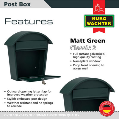 Burg-Wachter Matt Green Classic 2 Wall Mounted Galvanised Steel Lockable Weatherproof Post Box  - 36x38x13cm - 4
