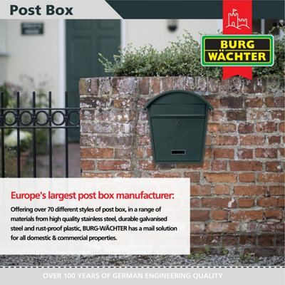 Burg-Wachter Matt Green Classic 2 Wall Mounted Galvanised Steel Lockable Weatherproof Post Box  - 36x38x13cm - 5