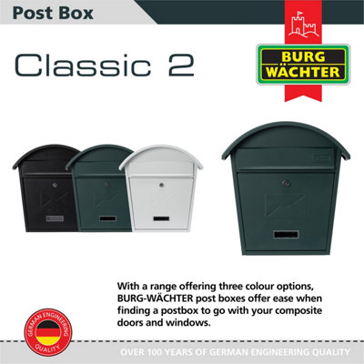 Burg-Wachter Matt Green Classic 2 Wall Mounted Galvanised Steel Lockable Weatherproof Post Box  - 36x38x13cm - 6