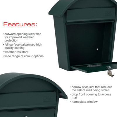 Burg-Wachter Matt Green Classic 2 Wall Mounted Galvanised Steel Lockable Weatherproof Post Box  - 36x38x13cm - 7