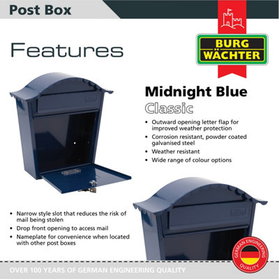 Burg-Wachter Midnight Blue Classic Wall Mounted Galvanised Steel Lockable Weatherproof Post Box - 36x37x13cm