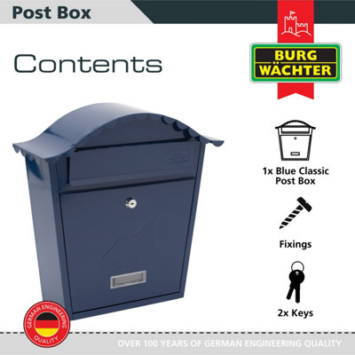 Burg-Wachter Midnight Blue Classic Wall Mounted Galvanised Steel Lockable Weatherproof Post Box - 36x37x13cm - 3